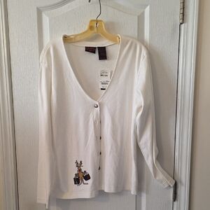 White Button-Up Cardigan with Embroidery
